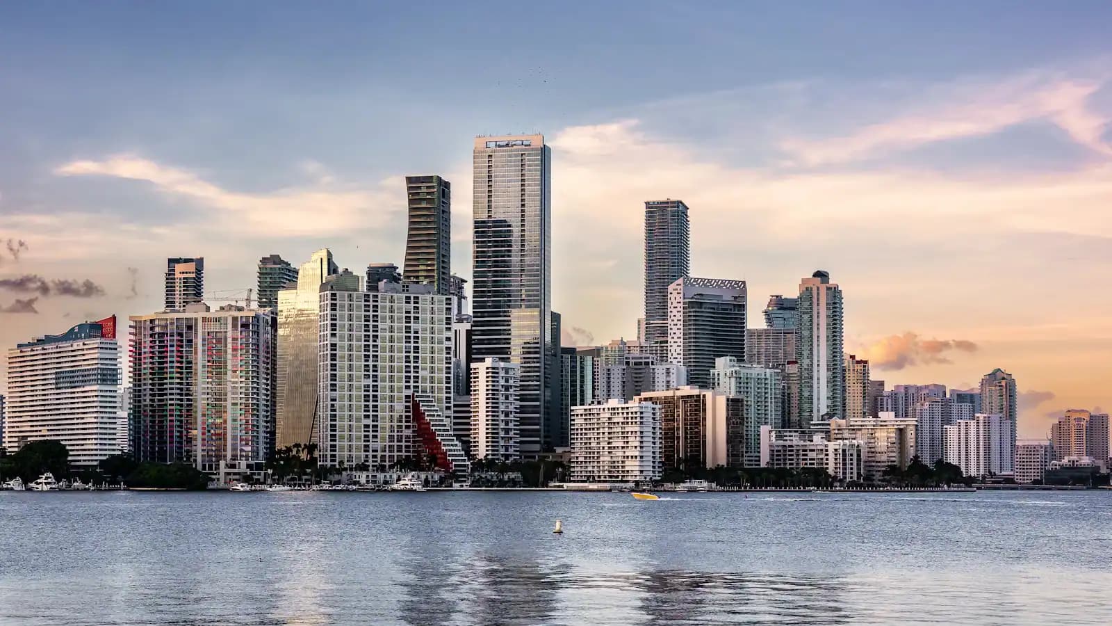 The Miami mainland skyline seen from across the open water of Biscayne Bay on a clear day