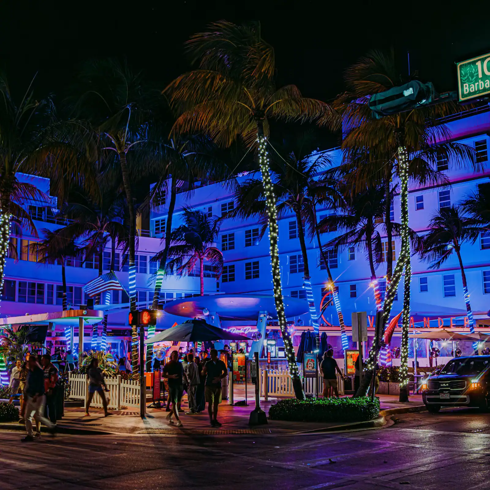 A city street after dark with neon-lit building frontages and palm trees along the kerb